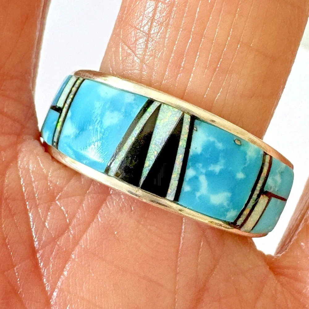 Mens Navajo Wedding Band Sz 10.5 Turquoise Opal Inlay 9mm‎ Ring Unsigned Tolino